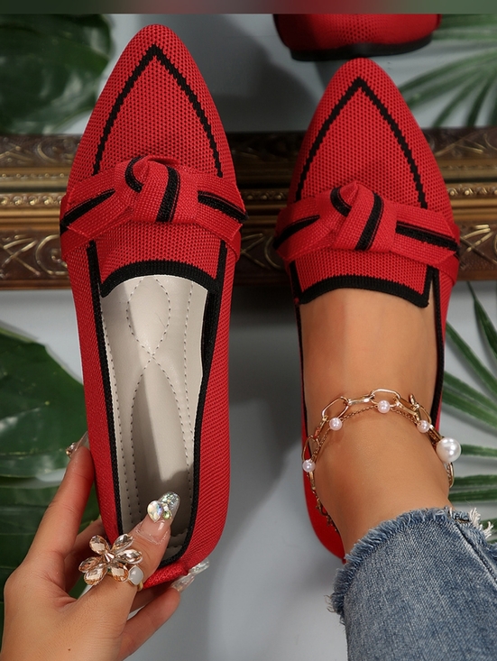 Just Jen Shoes - Women's Red Knitted Pointed Toe Flat Loafers with Black Trim